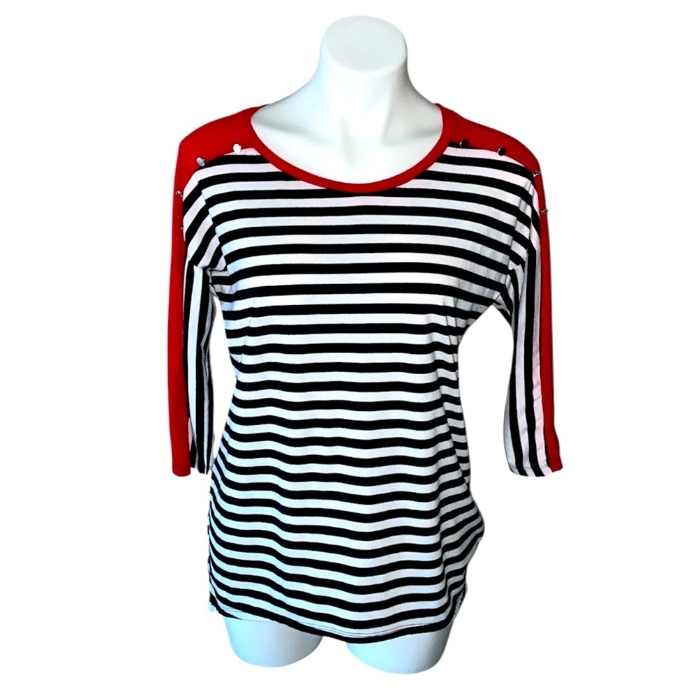 Kim Rogers Black and White Striped Top with Red Accents 3/4 Sleeves Size Medium
